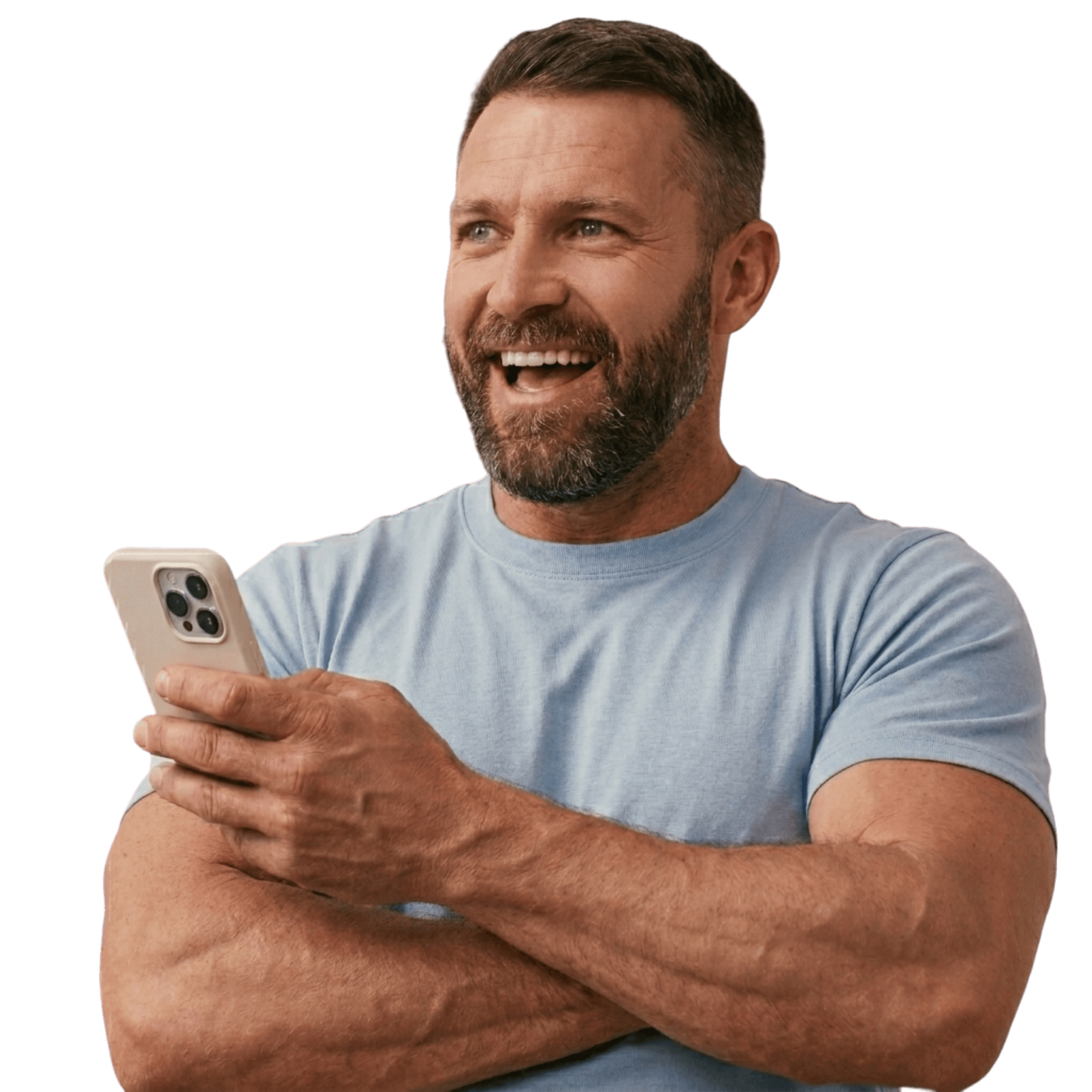 A RivenMD member smiling while managing his care on his phone.